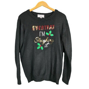 Poof Merry Christmas Sweater Women Size L Black Sequins Everyday Im Sleighing It